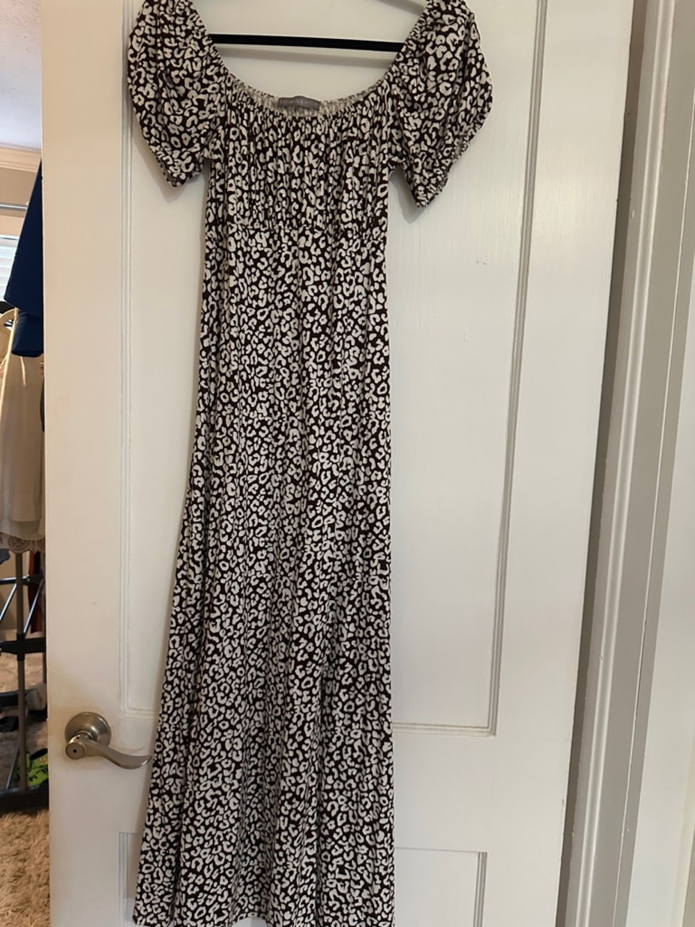 Loveappella Chocolate Brown and White Leopard-Print Off-Shoulder Maxi Dress